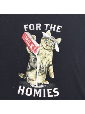 Fruit of the Loom Mens Black Graphic Cat T-Shirt For the Homies Milk Size Large